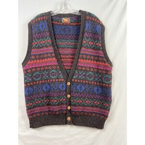 Alps Sweater Vest Mens Large Grey Fair Isle Wool Blend Button Front V-Neck USA